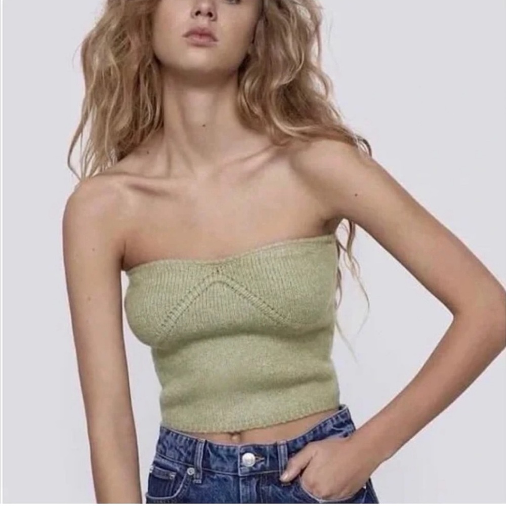 Zara Light Green Knit Strapless Crop Top